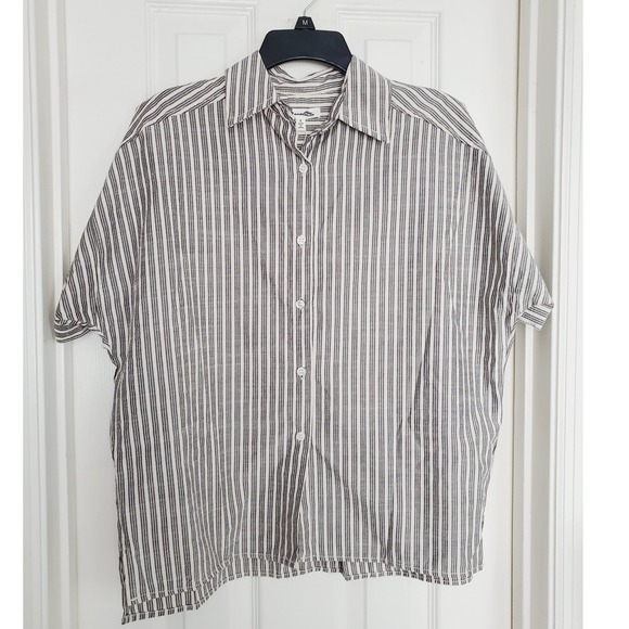 Max Studio Tops - Max Studio Button Up Shirt White Black Striped‎ Short Sleeve Oversized Blouse S